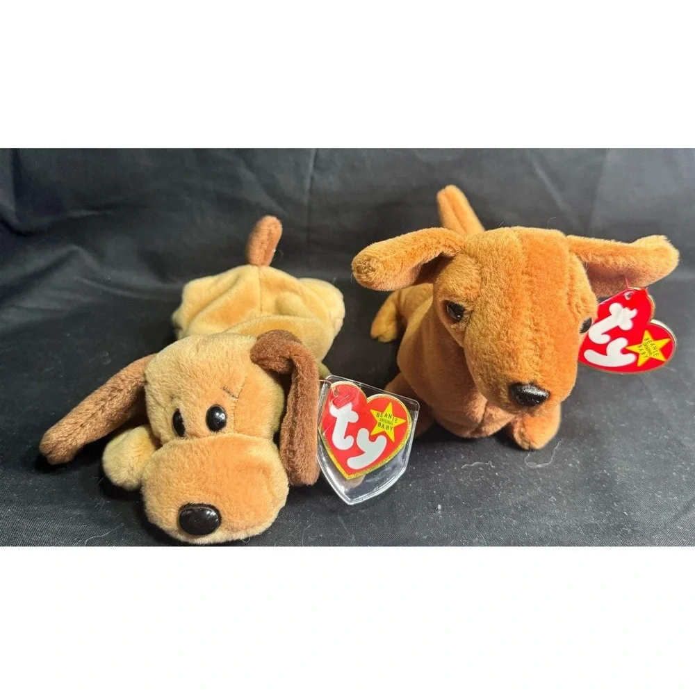 Set of 2 Ty Beanie Babies Bones Dog Plush 1993 1994 Heart Tags PVC Pellets